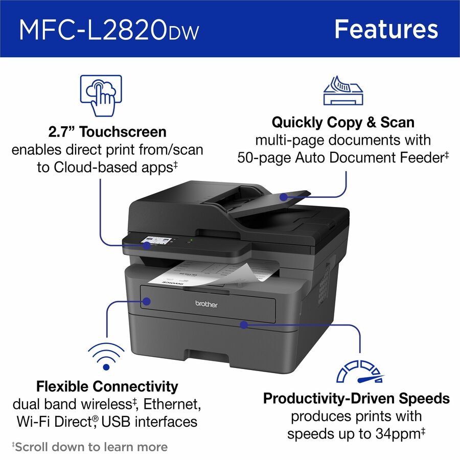 Brother MFC-L2820DW Wireless Laser Multifunction Printer - Monochrome - Gray