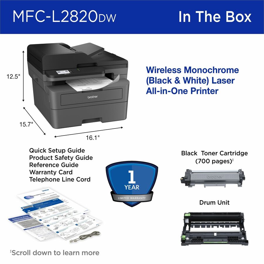 Brother MFC-L2820DW Wireless Laser Multifunction Printer - Monochrome - Gray