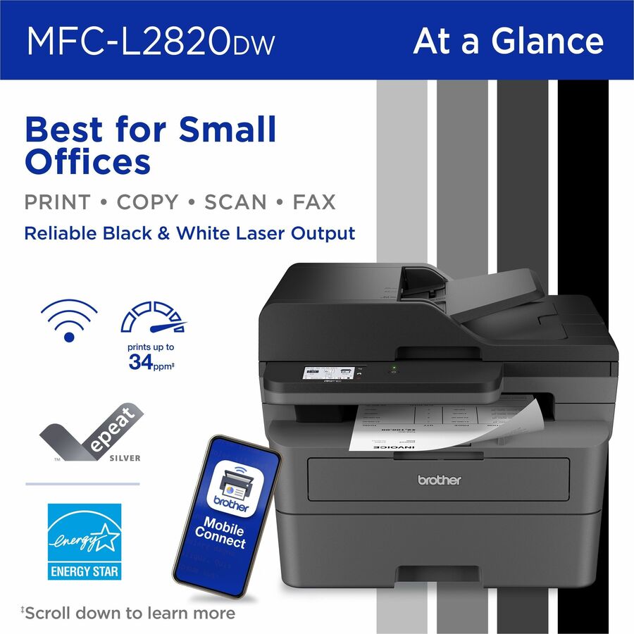 Brother MFC-L2820DW Wireless Laser Multifunction Printer - Monochrome - Gray