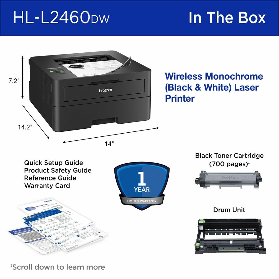 Brother HL-L2460DW Desktop Wired Laser Printer - Monochrome