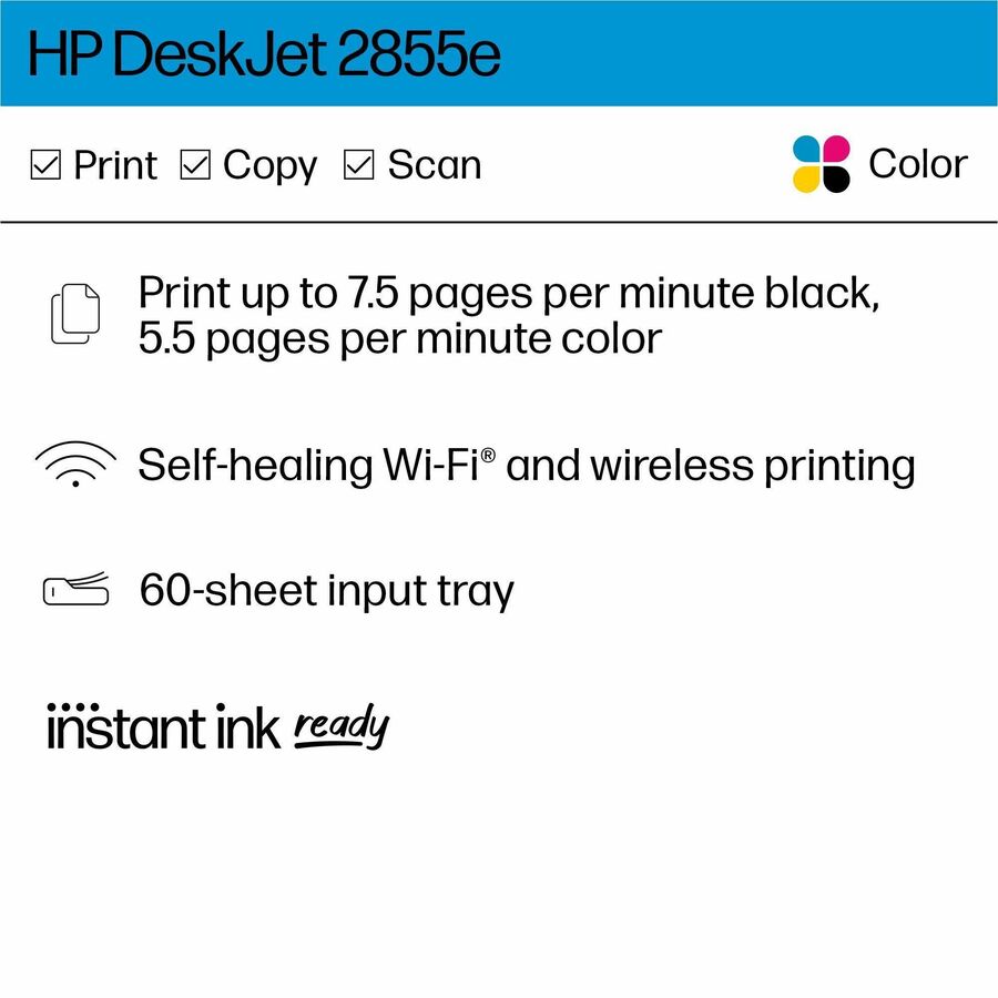HP Deskjet 2855e Wireless Inkjet Multifunction Printer - Color