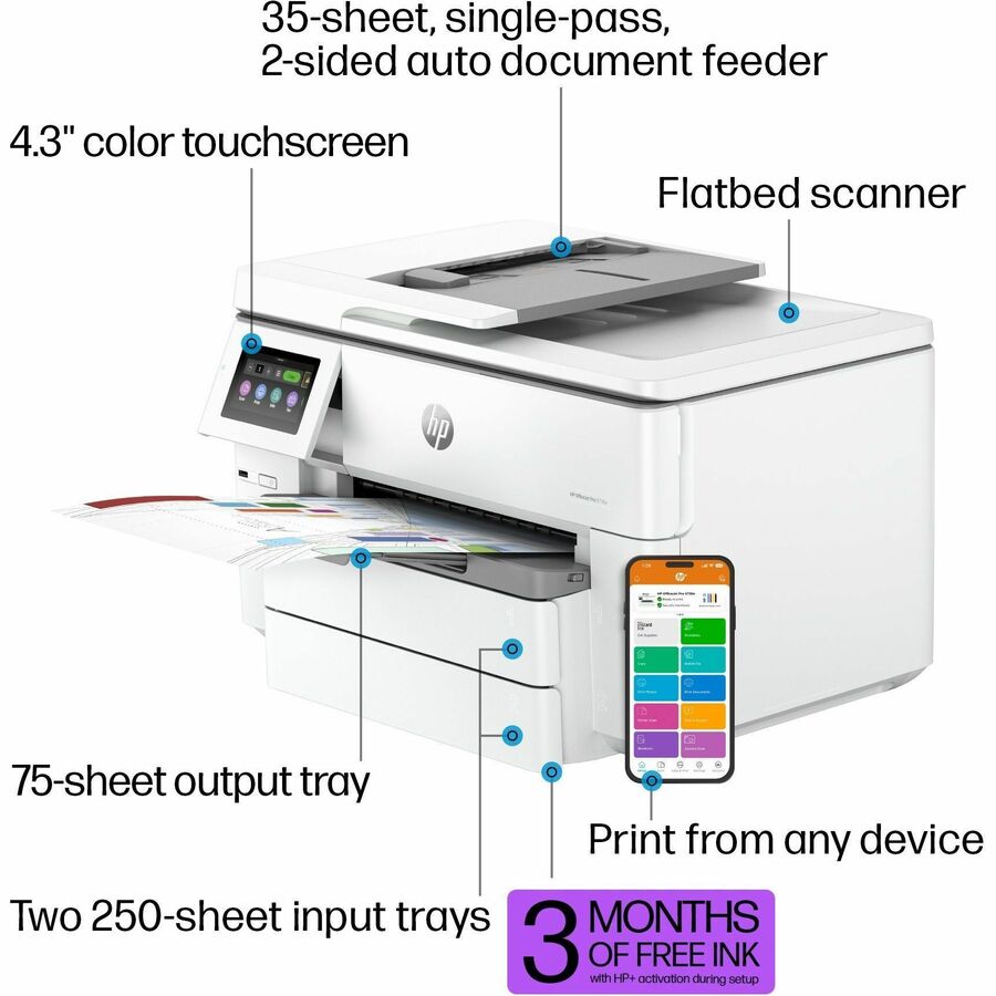 Imprimante jet d'encre multifonction filaire et sans fil HP Officejet Pro 9730e - Couleur