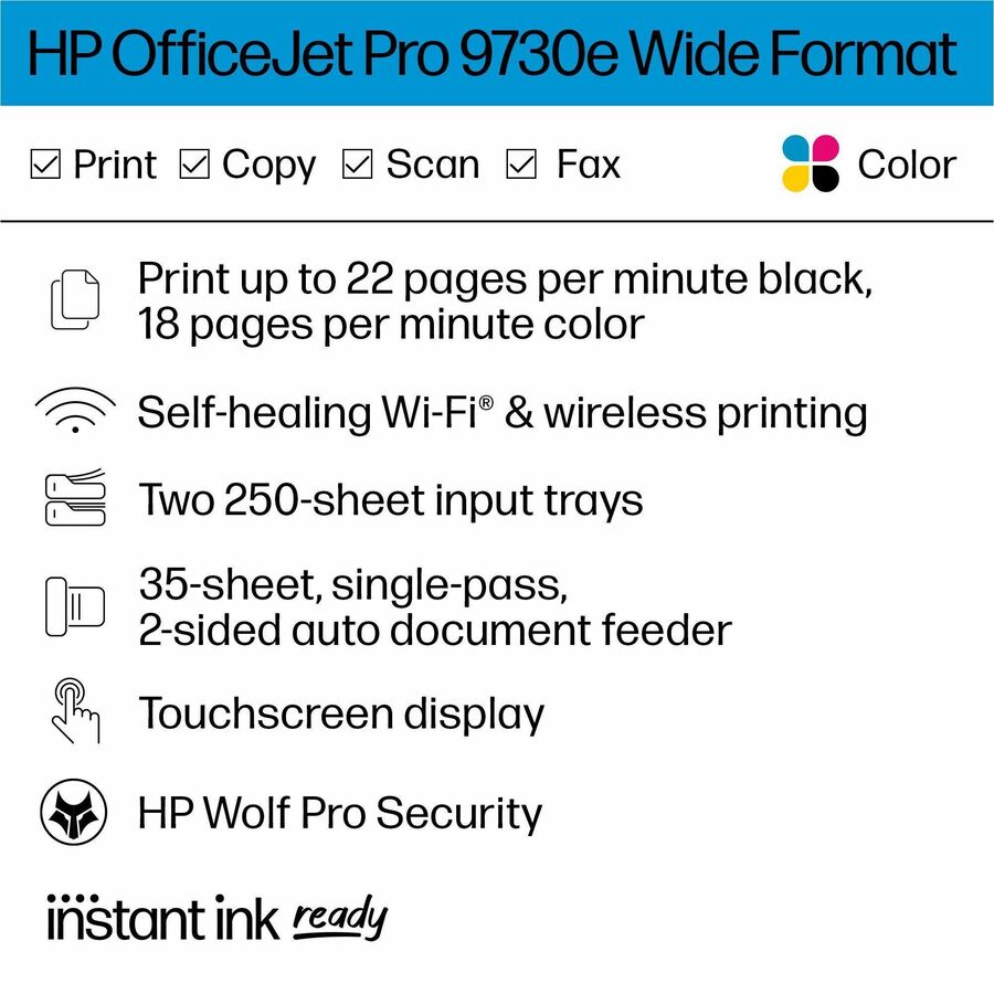 Imprimante jet d'encre multifonction filaire et sans fil HP Officejet Pro 9730e - Couleur