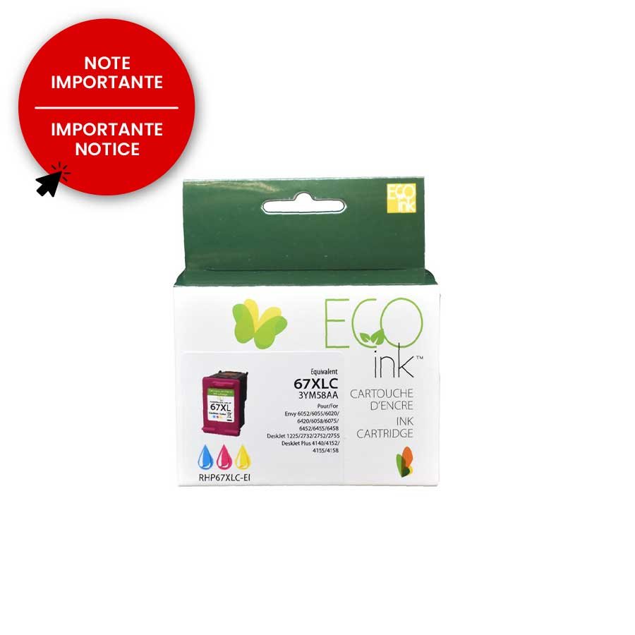 Cartouche d'encre couleur HP n° 67XL 3YM58AN Reman EcoInk 200 exemplaires
