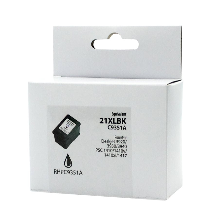 Cartouche d'encre noire reconditionnée HP n° 21XL C9351A, boîte neutre