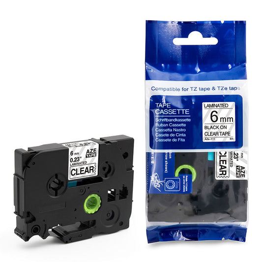 TZE111 IMPERIAL BRAND Brother TZe111 Black on Clear Tape for P-Touch Label Makers - 0.23 in x 26.2 ft (6 mm x 8 m) 6MM  TZE111G