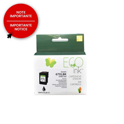Cartouche d'encre EcoInk noire HP n° 67XL 3YM57AN reconditionnée, 240 exemplaires